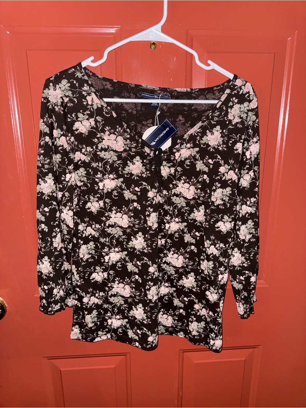 American Living Black Floral Button-Up Tie-Front Blouse